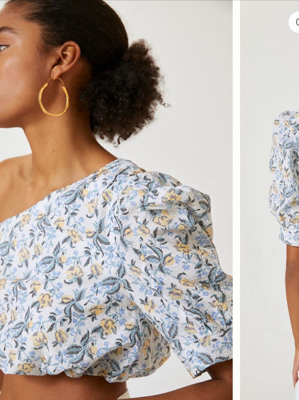 One-Shoulder Floral Puff-Sleeve Crop Top in Light Blue and Yellow